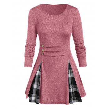 

Plus Size Buttoned Plaid Long Sleeve Tunic Tee, Watermelon pink