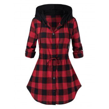 

Plus Size Hooded Drawstring Plaid Curved Blouse, Cherry red