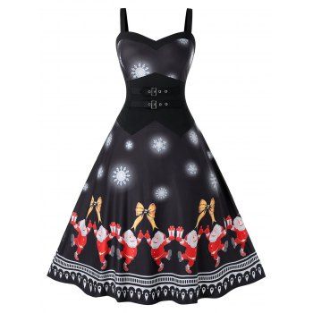 

Plus Size Snowflake Santa Claus Print Buckles Christmas Dress, Black