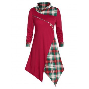 

Plaid Buttons Asymmetric Midi Dress, Red wine
