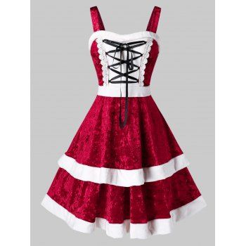 

Plus Size Lace Up Velvet Christmas Dress, Multicolor a