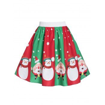 

Christmas Snowman Santa Claus Print A Line Skirt, Multicolor a