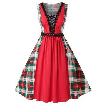 Image of Plus Size Lace Up Plunge Plaid Vintage Swing Dress