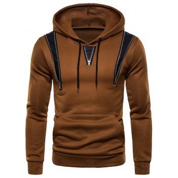 

Zipper Decorated Color Spliced Casual Hoodie, Brown bear