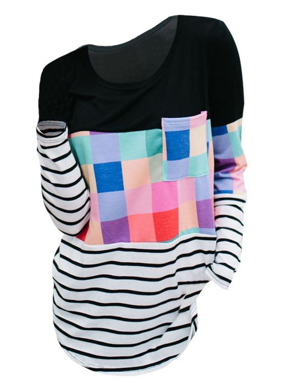 T-Shirt Rayé en Blocs de Couleurs à Ourlet Courbe avec Poche - multicolor XL