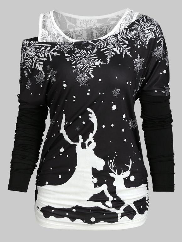 Christmas Elk Snowflake Long Sleeve Tee and Lace Tank Top Set - BLACK L
