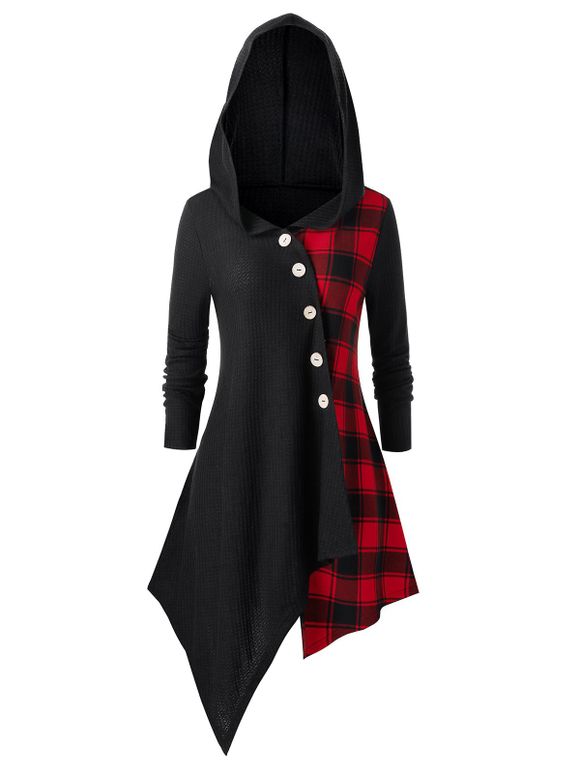 Manteau Asymétrique à Carreaux avec Bouton de Grande Taille - Noir 4X