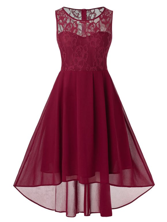 Robe Evasée Ajustée Evasée en Dentelle Insérée de Grande Taille - Rouge Vineux L