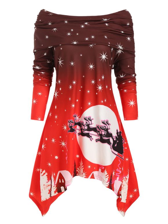 Robe de Noël Imprimée Superposée à Epaule Dénudée de Grande Taille - Rouge 4X