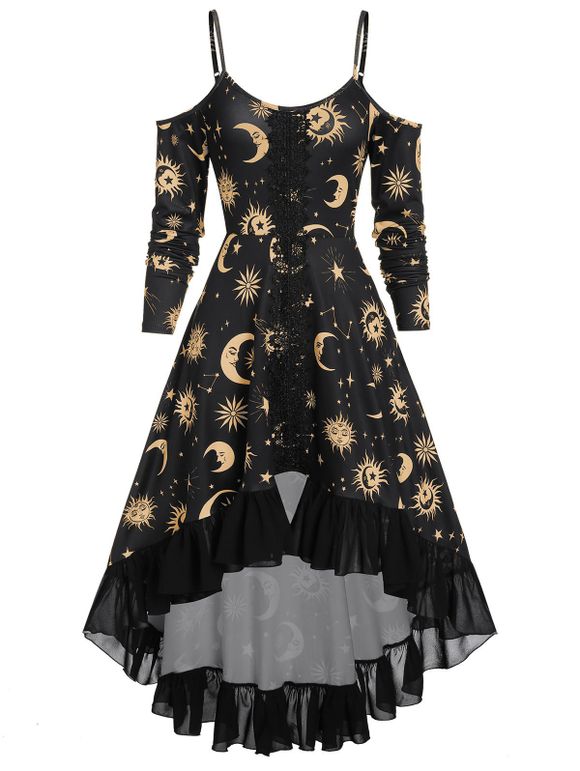 Robe Gothique Haute Basse Lune et Soleil Imprimés à Epaule Dénudée à Volants - Bronze 3XL