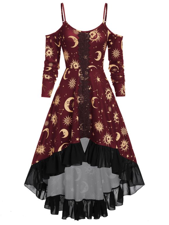 Robe Gothique Haute Basse Lune et Soleil Imprimés à Epaule Dénudée à Volants - Rouge Vineux 3XL
