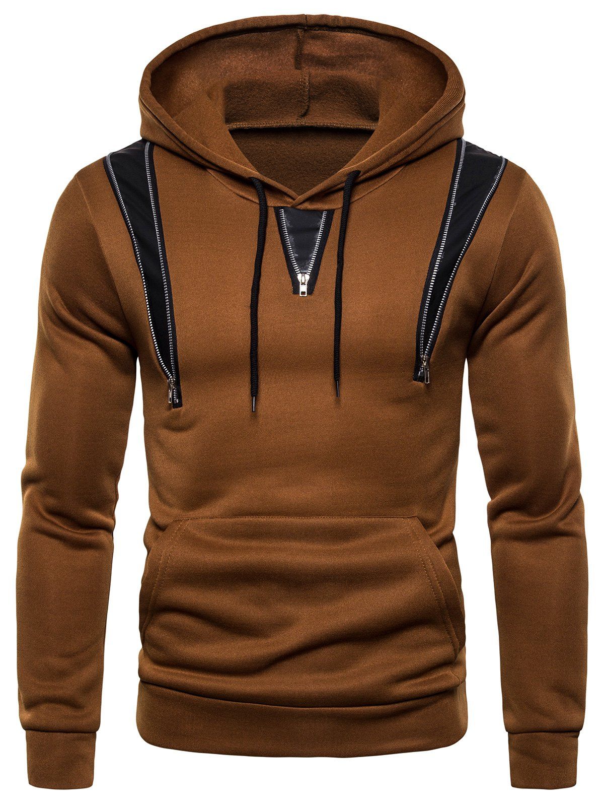 Zipper Decorated Color Spliced Casual Hoodie - BROWN BEAR 2XL