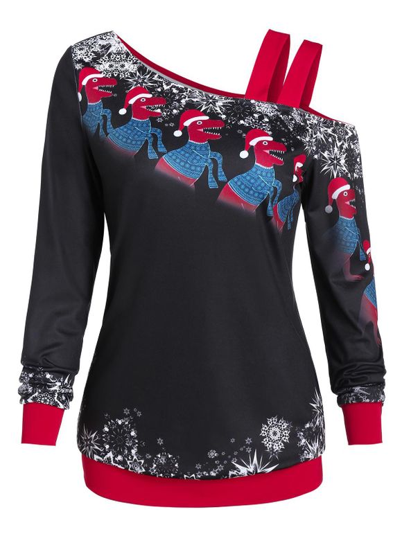 Sweat-shirt de Noël Flocon de Neige et Dinosaure à Epaule Dénudée - Noir XL