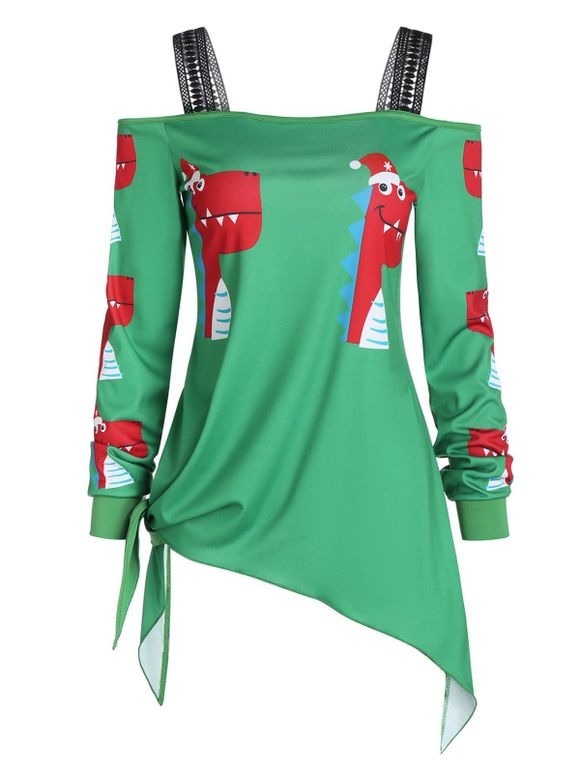 Sweat-shirt de Noël Noué Dinosaure Imprimé à Epaule Ouverte - Vert Jungle 3XL