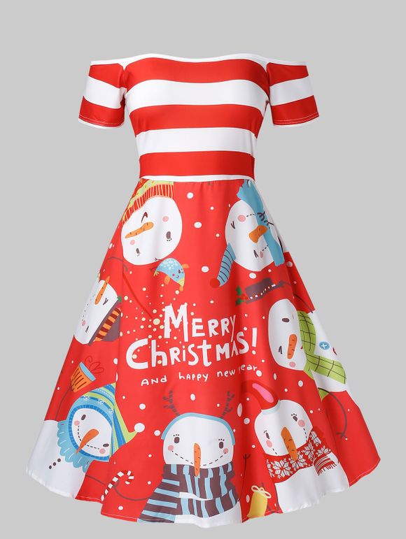Robe de Noël Bonhomme de Neige Imprimé à Epaule Dénudée de Grande Taille - Rouge 5X