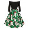 Robe de Noël à Imprimé Chat à Epaule Dénudée de Grande Taille - Vert Trèfle 2X