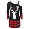 Plus Size Christmas Elk Plaid Skew Collar Buttoned Tee - multicolor L