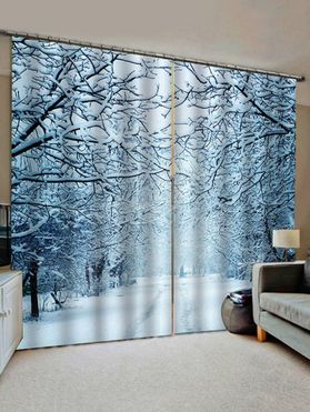 2 Panels Snowy Forest Road Print Window Curtains