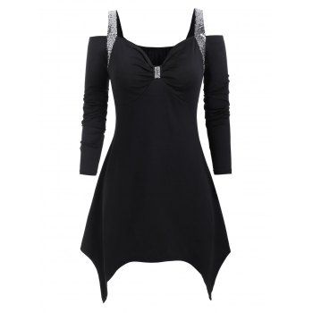 

Plus Size Handkerchief Cold Shoulder Sequins T Shirt, Black