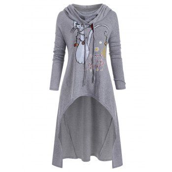 

Plus Size Hooded Asymmetrical Cat Print Christmas Sweater, Multicolor a