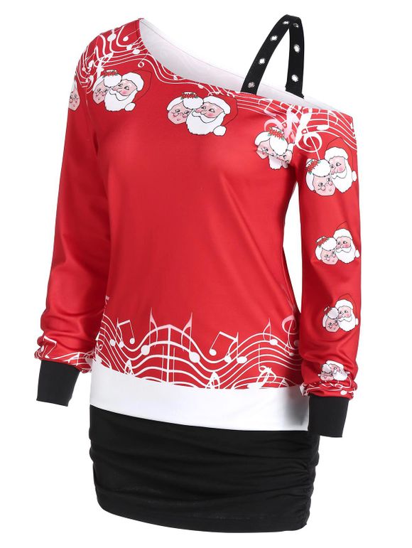 Sweat-shirt Père Noël Epaule Dénudée à Col Oblique avec œillet - Rouge 3XL