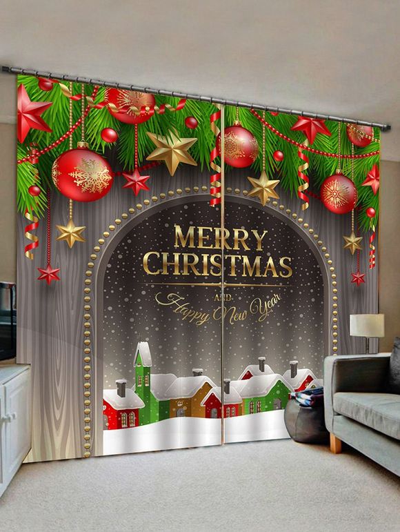 Rideaux de Fenêtre de Noël Motif de Boule Imprimé - multicolor W28 X L39 INCH X 2PCS