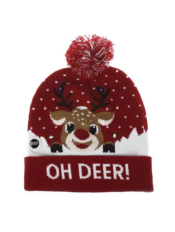 Chapeau d'Hiver de Noël Tricoté Dessin Animal Imprimé - Rouge 