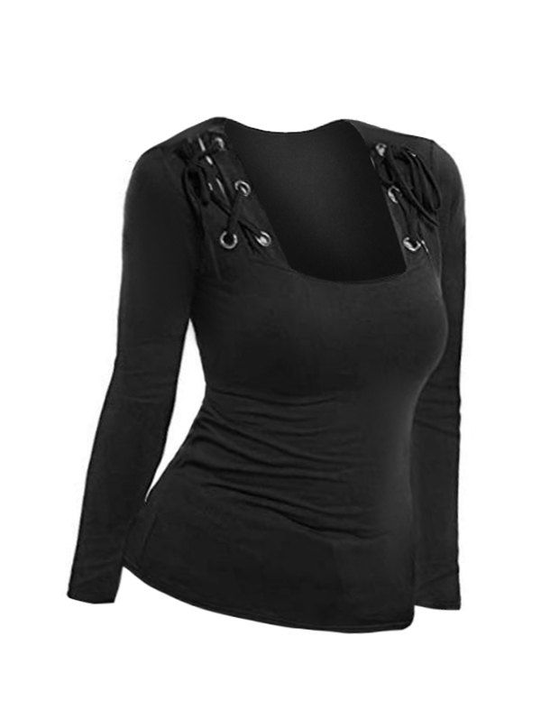 

Plus Size Criss Cross Tie Long Sleeve Grommet Tee, Black