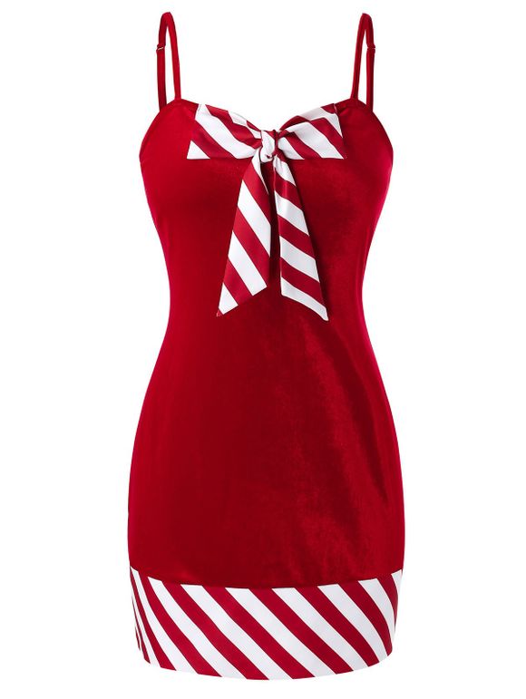 Robe de Noël Rayée Grande Taille avec Nœud Papillon en Velours - Châtaigne Rouge 2X