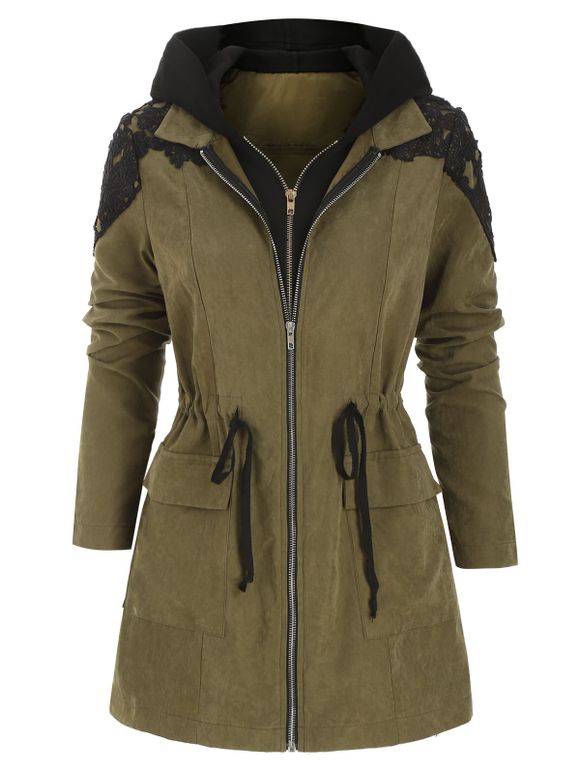 Manteau Trench à Capuche Fleuri Taille à Cordon - Vert Camouflage XL