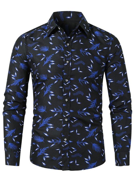 Chemise Décontractée Boutonnée Feuille et Plante Imprimées - Noir XL