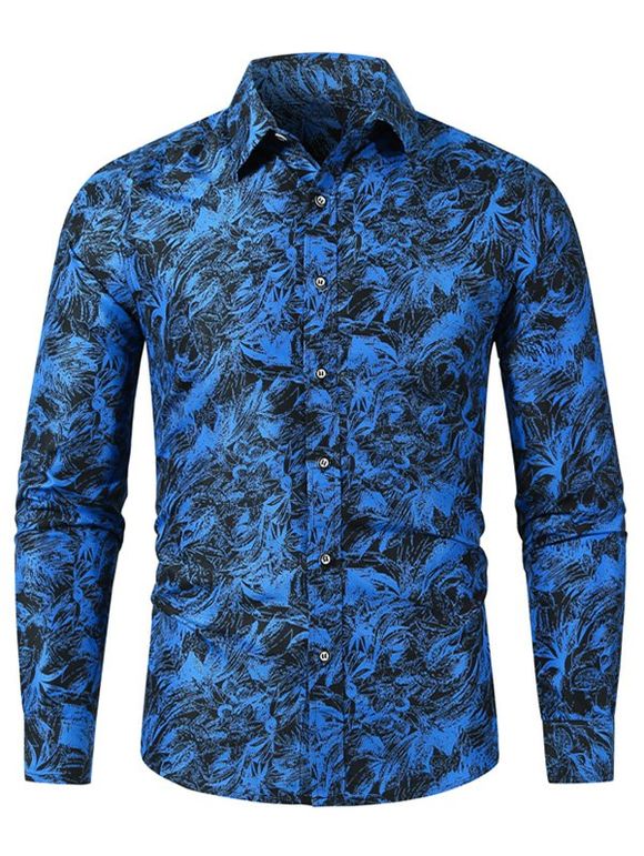 Chemise Boutonnée Fleur et Plante Imprimées - Bleu L