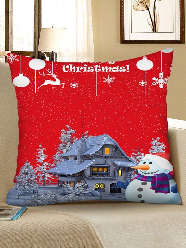 

Christmas Snowman House Print Decorative Pillowcase, Multi