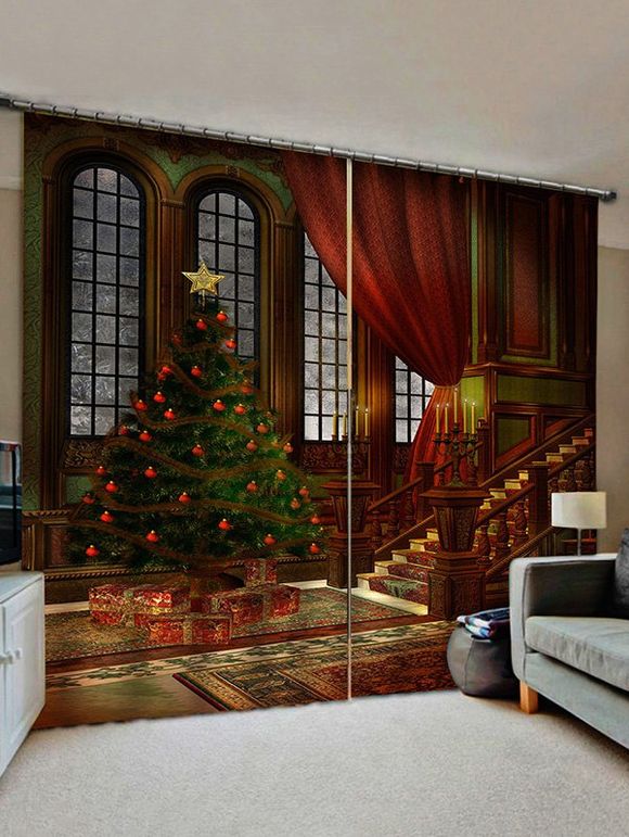 Rideaux de Fenêtre Rétro Sapin de Noël et de Palais Imprimés 2 Panneaux - multicolor W33.5 X L79 INCH X 2PCS