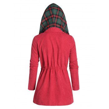 

Drawstring Hooded Plaid Coat, Red wine