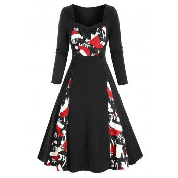 

Plaid Santa Hats Snowflake Print Buttoned Bowknot Christmas Plus Size Dress, Black