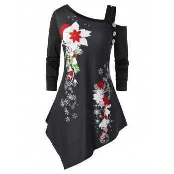 

Plus Size Christmas Snowflake Flower Asymmetric Skew Collar Tee, Multicolor