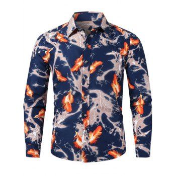 Long Sleeve Feather Print Slim Fit Button Shirt