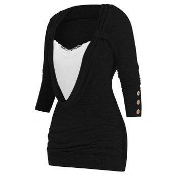 

Plus Size Lace Panel Button Embellished Heathered Faux Twinset T-shirt, Black