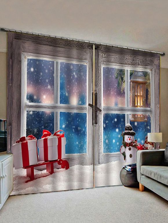 Rideaux de Fenêtre de Noël Bonhomme de Neige et Cadeaux Imprimés 2 Panneaux - multicolor W33.5 X L79 INCH X 2PCS