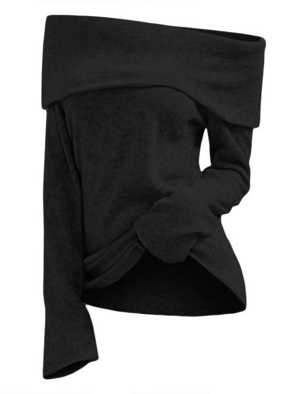 T-shirt Plié à Epaule Dénudée Grande Taille - Noir 2X