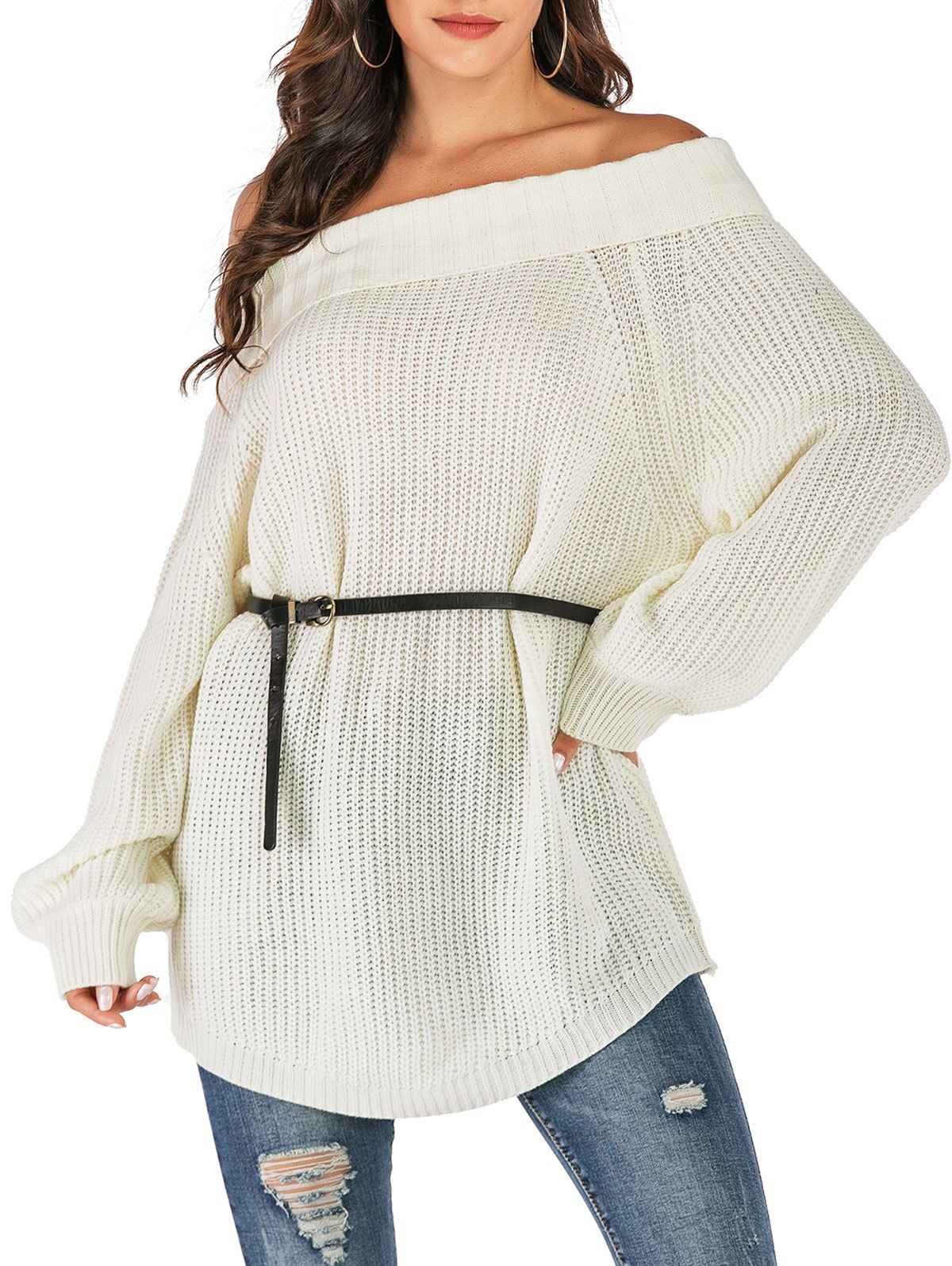 Folded Off The Shoulder Tunic Sweater - WHITE S