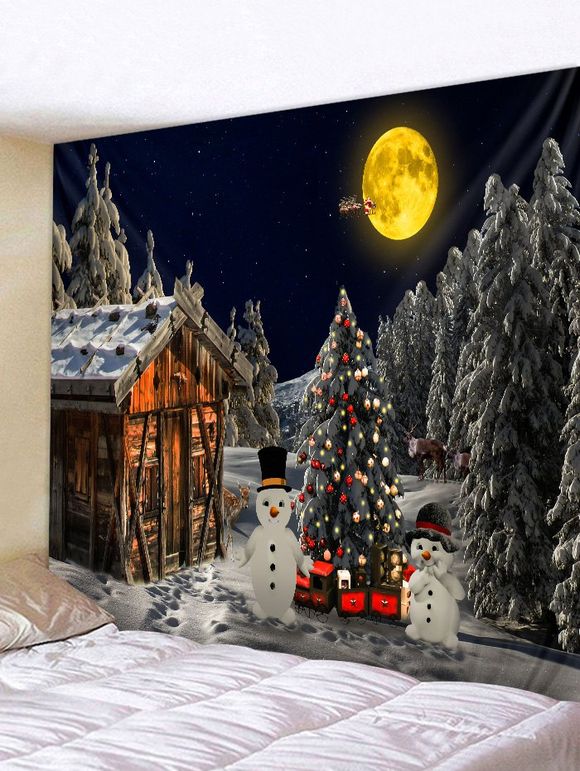 Tapisserie 3D Arbre de Noël et Bonhomme de Neige Imprimés - Gris nuageux W59 X L51 INCH