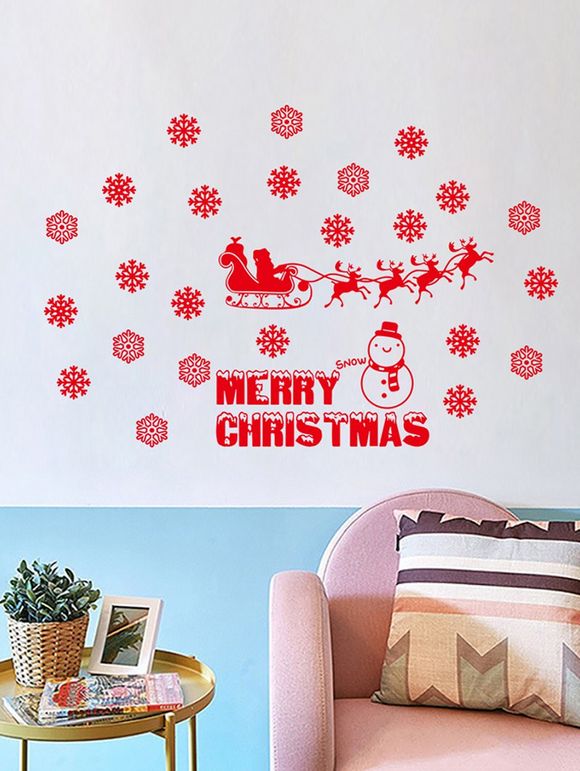 Autocollant Mural de Noël Père Noël Bonhomme de Neige et Flocon de Neige Imprimés - Rouge 58*43CM