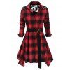 Chemise Boutonnée Ceinturée Panneau en Dentelle à Carreaux - Rouge S