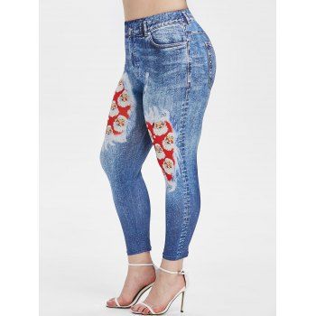 

Plus Size Santa Claus Print Skinny Christmas Jeggings, Blueberry blue