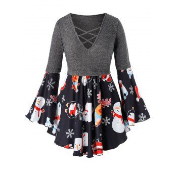 

Plus Size Criss Cross Snowman Elk Print Christmas Top, Black