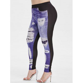 Plus Size High Rise 3D Ripped Print Jeggings, Black