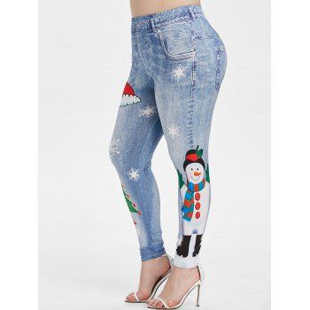 

Plus Size Snowman Snowflake 3D Print Christmas Jeggings, Jeans blue