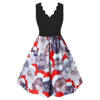 

Plus Size Scalloped Cat Print Christmas Dress, Multicolor